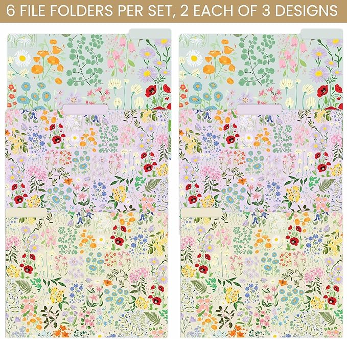 bloom daily planners Decorative File Folders - Set of Six Letter Size (8.5” x 11”) Organizers, 1/3 Cut Tabs - Assorted Floral Designs - Garden Party