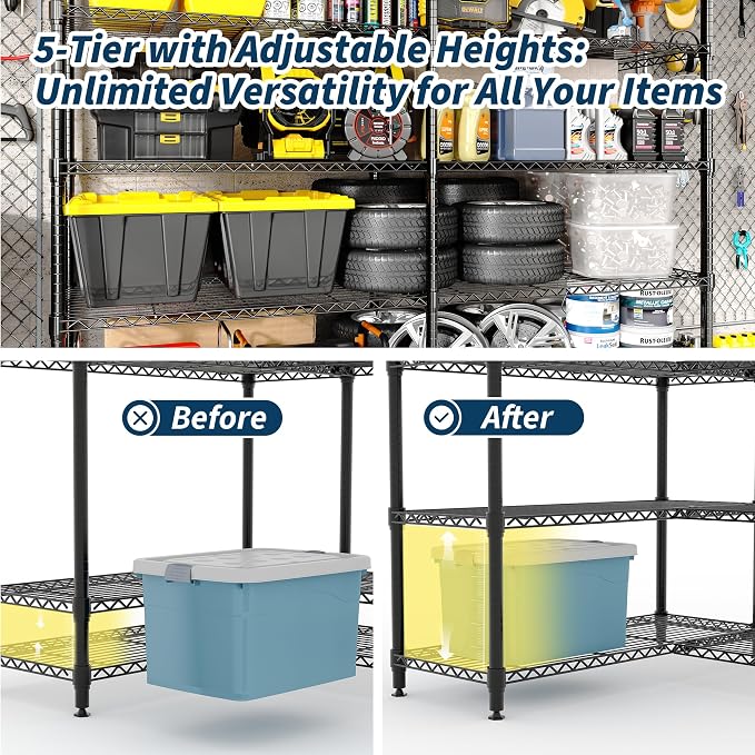 5-Tier Metal Storage Shelves, Heavy Duty Wire Rack Shelving Unit for Garage Kitchen Storage, 15.7"D x 71"W x 70.5"H Adjustable Shelf for Basement & Pantry Room Organization, Easy Assembly