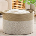 KAKAMAY Cotton Rope Storage Basket (20"x13"),Woven Hamper for Blankets,Toys,Pillows,Clothes,Laundry,Sturdy Handles Decorative Basket for Living Room, Bedroom,Nursery(Brown/White)