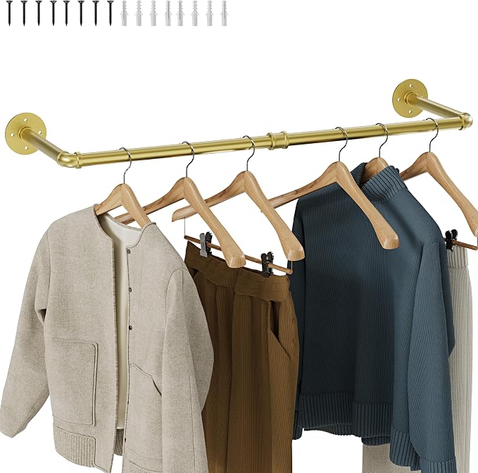 Wall Mounted Clothes Rack, Industrial Pipe Clothing Rack 36 Inch Gold, Wall Clothes Hanger for Bedroom, Cloakroom, Closet, Hallway, Boutique Display, Drying Racks Wall-Mount for Laundry