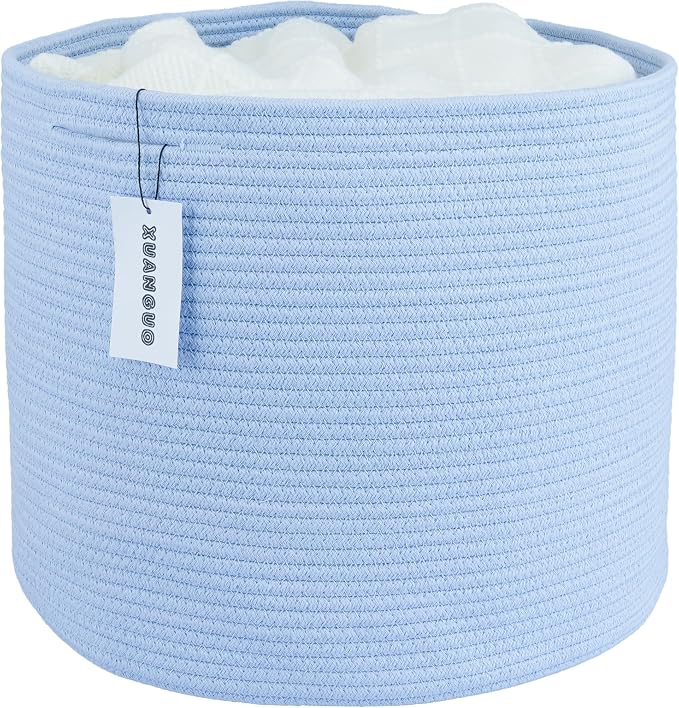 XUANGUO Cotton Rope Woven Basket, 16x14 in Kids Laundry Basket, blue | Round blanket basket and small laundry basket; baby hamper or nursery storage bin for girls, boys, toys, clothes and shoes