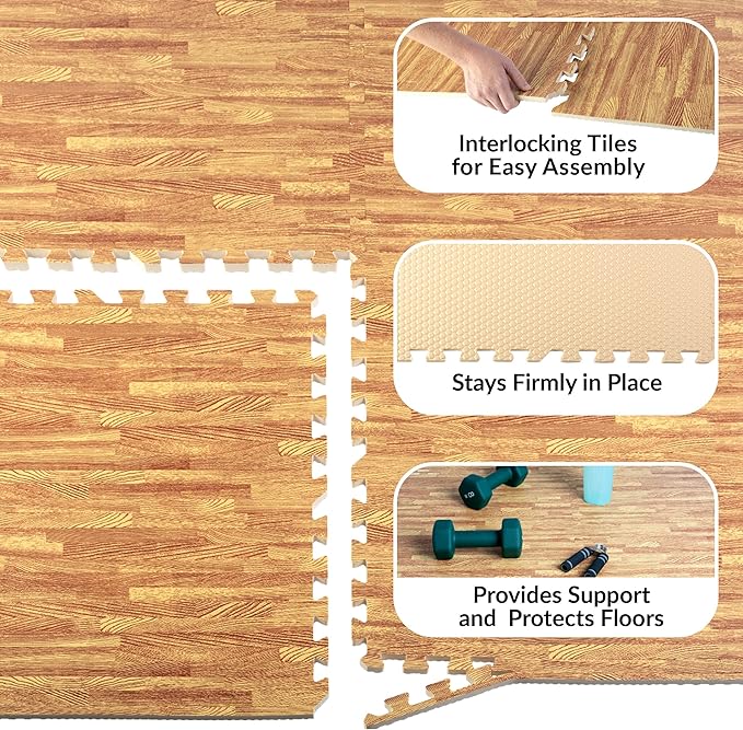 EVA Foam Floor Tiles 12-Pack - 48 SQFT Woodgrain Puzzle Mats for Floor - Interlocking Foam Tiles for Family Room or Gym Flooring by Stalwart (Light)