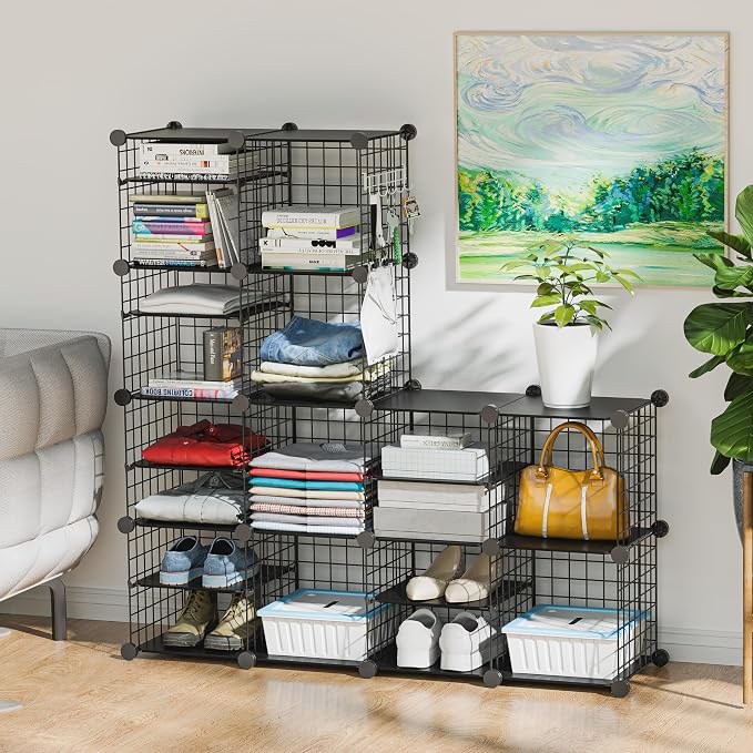 Wire Cube Storage Organizer, 12 Cubes Converted into 14 Cubes, Sturdy Metal Grids Storage Shelf Closet Shelving Units and Storage, Shelves for Bedroom LIvingroom Office