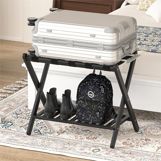Luggage Racks Suitcase Stand Foldable With Storage Shelf For Guest Room Hotel Essentials Solid Bamboo Heavy-Duty Item Holder Black