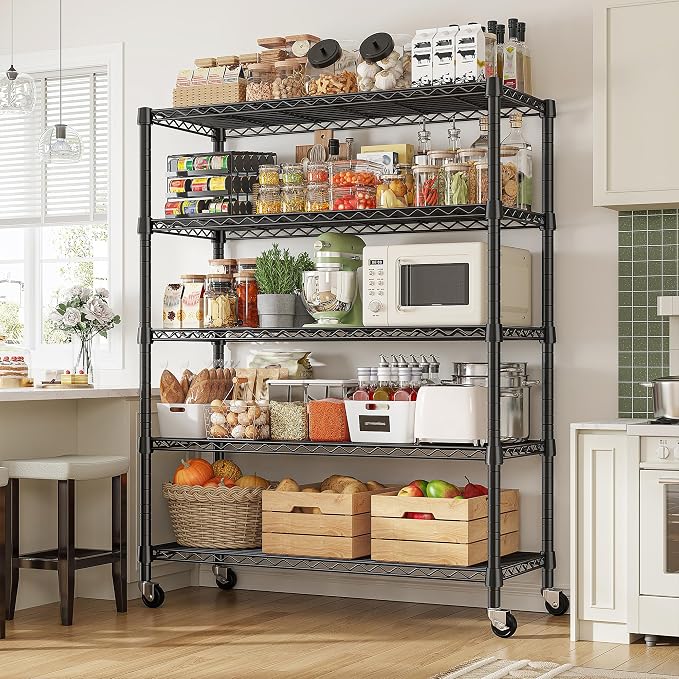 REIBII 1984LBS Heavy Duty Wire Shelving Unit with Wheels, 75.2" H Storage Shelves, 5 Tier Adjustable Metal Shelving for Pantry Kitchen Garage,No-Tools Installation, 75.2" H x 35.5" W x 16" D, Black