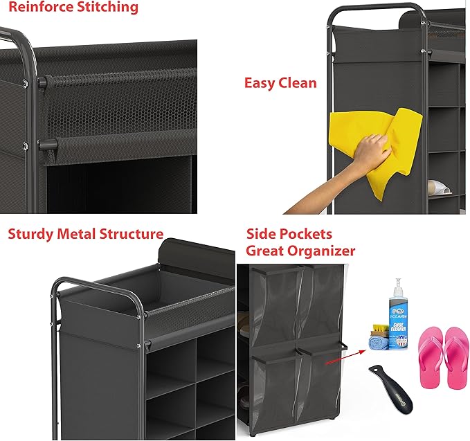 Simple Houseware 16 Cube Shoe Stand Tower Rack 8 Tier, Dark Gray | Top Shelf and Side Hanging Pockets