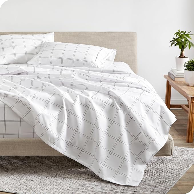 Bare Home Split King Sheet Set - 1800 Ultra-Soft Microfiber Bed Sheets - Double Brushed - Deep Pockets - Easy Fit - 5 Piece Set - Bed Sheets (Split King, Modern Plaid - White/Grey)
