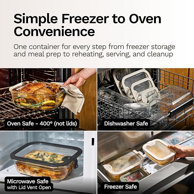 Naked Kitchen 8-Piece Food Storage Containers with Lids – Nesting Borosilicate Glass Meal Prep Containers with Leak-Proof Airtight Seal – BPA Free, Microwave, Oven, Freezer & Dishwasher Safe – Cream