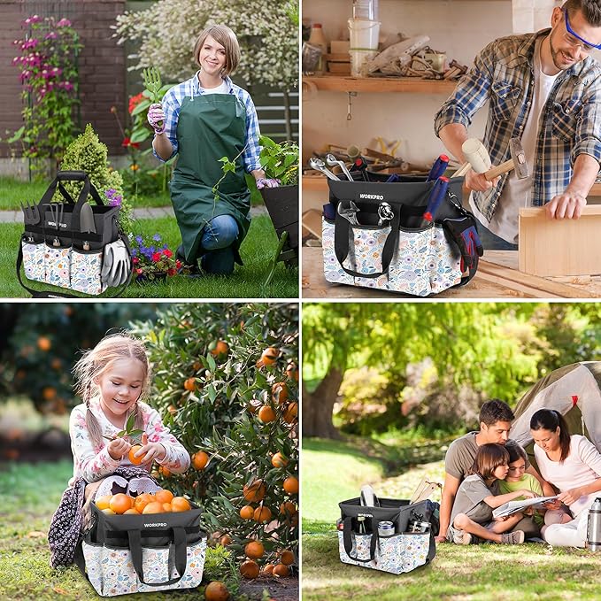 WORKPRO Garden Tool Bag, 10 Pockets and Shoulder Strap, Floral White | Heavy Duty Gardening Organizer Tote Bag Standable Garden Home Tool Kits Organizer (Tools are not Included)