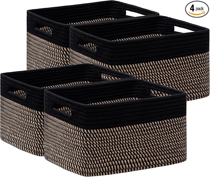 4 Pack Storage Baskets for Organizing, Woven Baskets for Shelves, Black&Brown