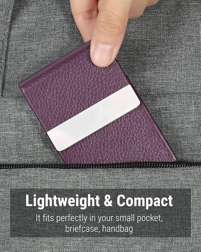 MaxGear Business Card Holder, PU Leather Business Card Case, Purple | Stainless Steel Interior, Magnetic Closure, RFID Blocking, Holds 15–25 Standard Business Cards