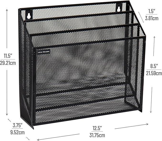 Mind Reader Vertical File Storage, Desktop Organizer, Wall Mount, Office, Metal Mesh, 12.5" L x 3.75" W x 11.5" H, Black (Pack of 4)