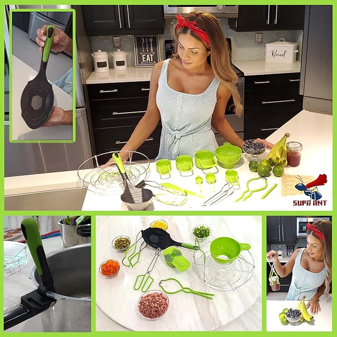 Supa Ant Complete Canning Starter Kit – 10pc Food-Grade Steel Set with XL Ladle, 6 Measuring Cups, Jar Lifter, Wide Mouth Funnel, Canning Rack (7-Jar Capacity) & 90 Labels –Beginner-Friendly, Green