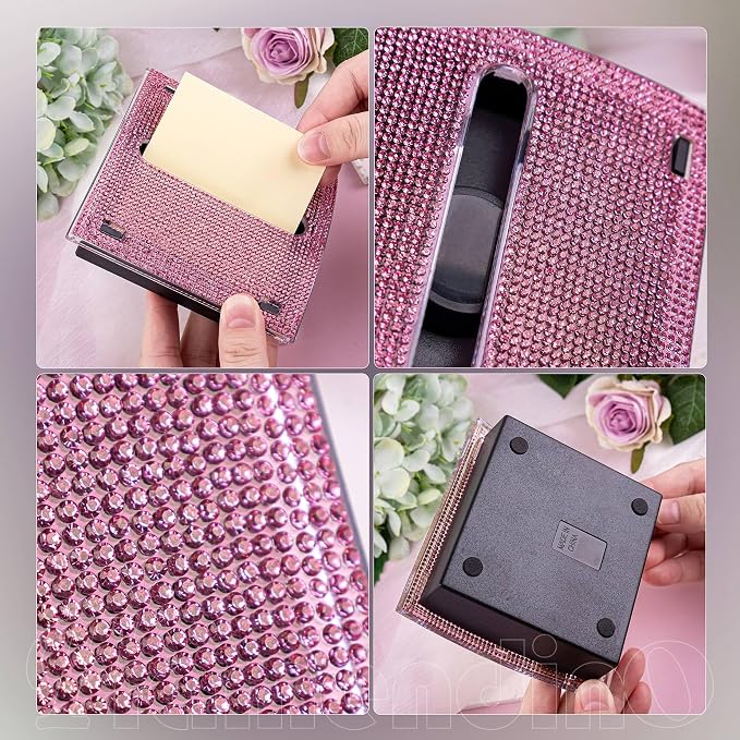 Framendino, Bling Self Sticky Note Holder 3 x 3 Inch Crystal Post It Notes Dispenser for Office Home Desk Accessories (Pink)