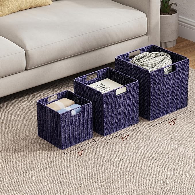 Vagusicc Wicker Storage Basket, Set of 2 Hand-Woven Wicker Basket, 11 inch Storage Basket, Foldable Cube Storage Organizer Bins, Storage Baskets for Organizing Shelves Decor, Purple (11″×11″×11″)