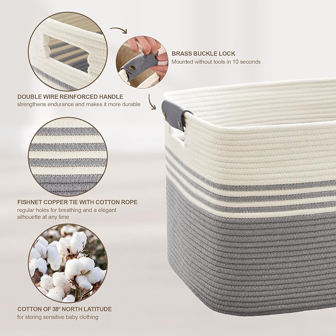 72L Large Woven Laundry Basket Hamper with Leather Handles,Grey | 22"x17"x12", collapsible wicker hamper, storage for dirty clothes, toys, blankets, gifts, living room, bedroom, bathroom