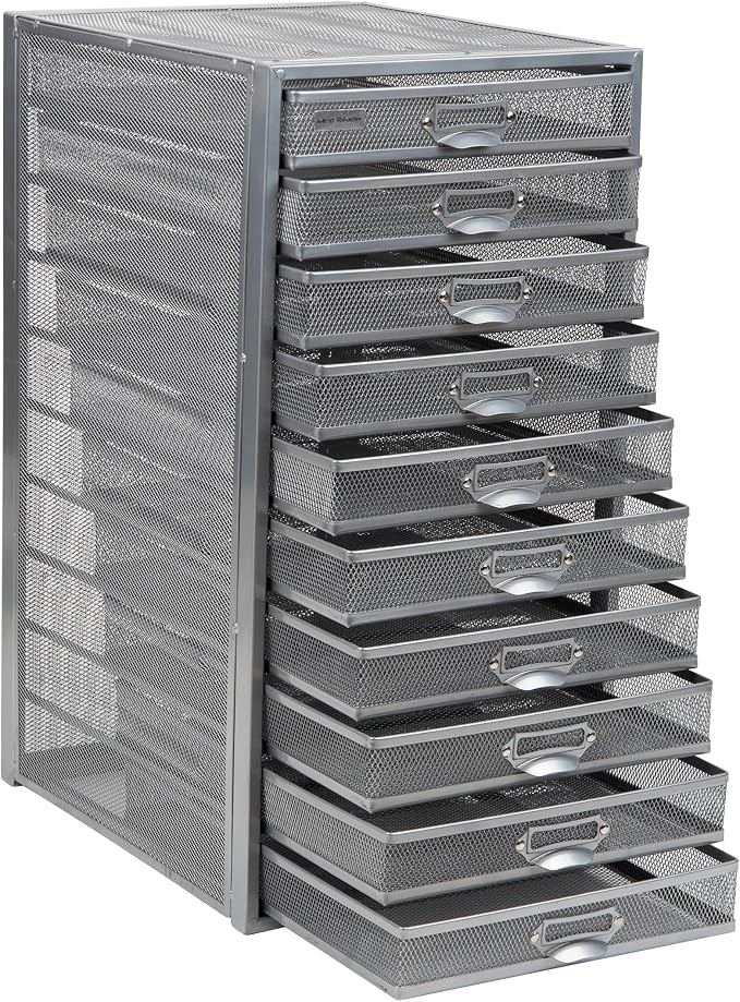 Mind Reader 10-Drawer Desk Organizer for Office Supplies, Crafts, Mail Sorting & More, Metal Mesh, Silver