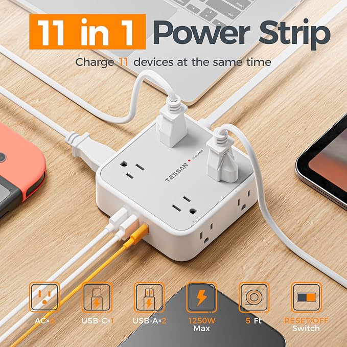 TESSAN Surge Protector Power Strip, 5 Ft Flat Plug Extension Cord with 3 USB (1 USB C) 8 Outlets, 900J Protection, 3 Sided Outlet Extender with Power Switch for Office, Dorm Room, Grey | 8 AC with 3 USB Ports (1 USB C), Flat Plug Extension Cord, 3 Side...