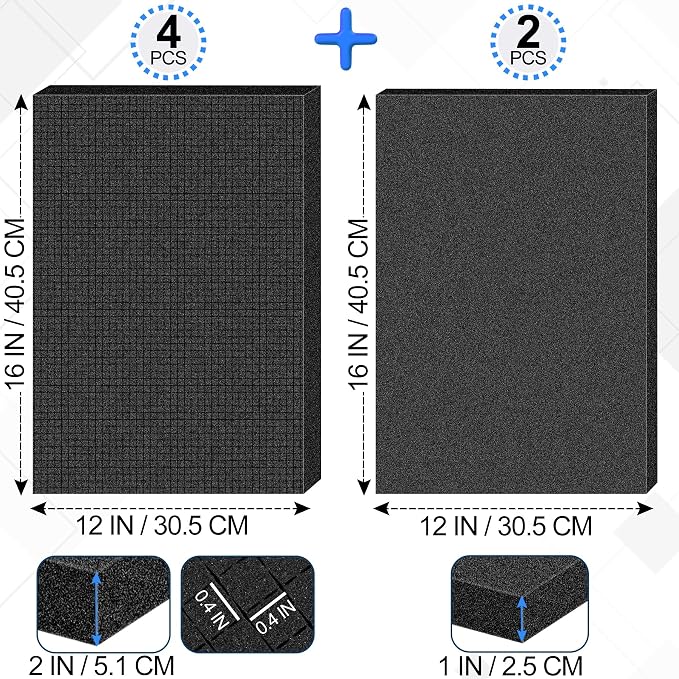 6 Pcs Pick and Pluck Foam Sheets 2 Size Polyurethane Pick Apart Foam Inserts Pads with Bottom Use for Camera, Interlocking Case, Tool Box, Storage Drawer (4P 16" x 12" x 2", 2P 16" x 12" x 1")