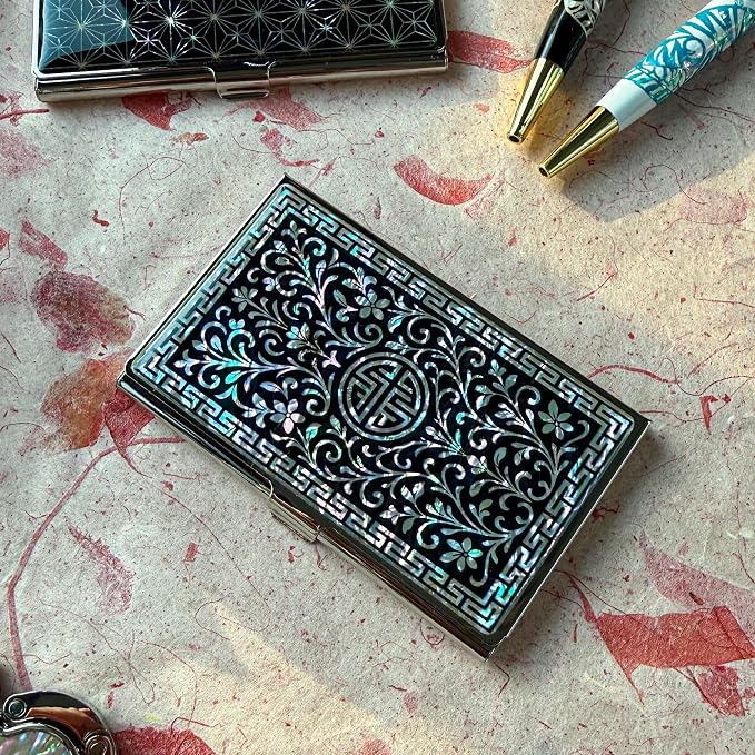 Mother of Pearl Business Card Case Credit Id Name Holder Travel Wallet Art Painting Design Metal Stainless Steel Engraved Slim Purse Pocket Cash Money Wallet (N_Arabesque)