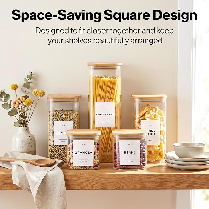 Glass Pantry Storage Jars Containers with Bamboo Lids and Labels - Set of 5 | Extra Thick Square Glass Canisters with Bamboo Wood Lids and 54 Pre-printed Pantry Labels keeps dry Goods Fresh and Organized