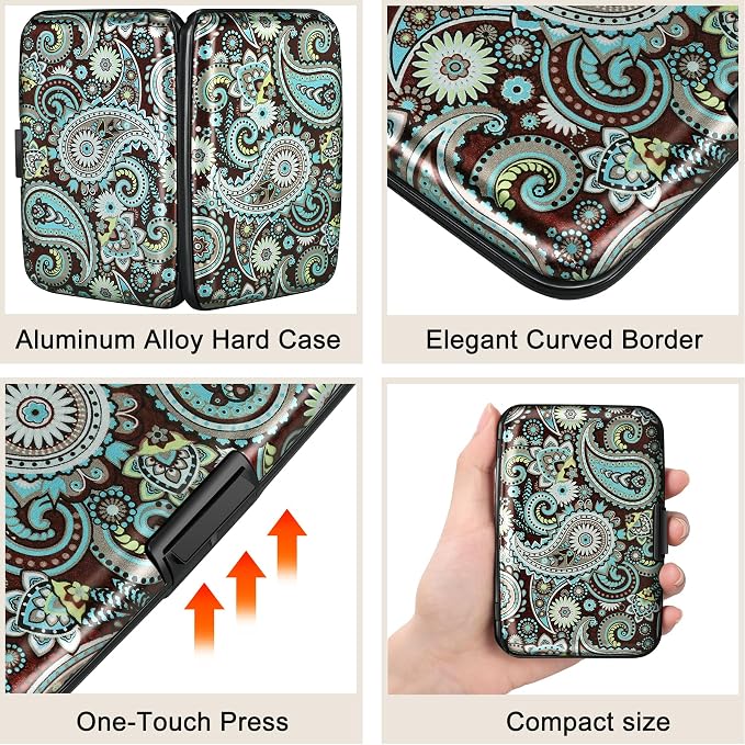 ELFISH Mini RFID Aluminum Wallet Credit Cards Holder Business Card Case Metal ID Case for Men Women (Blue flower)