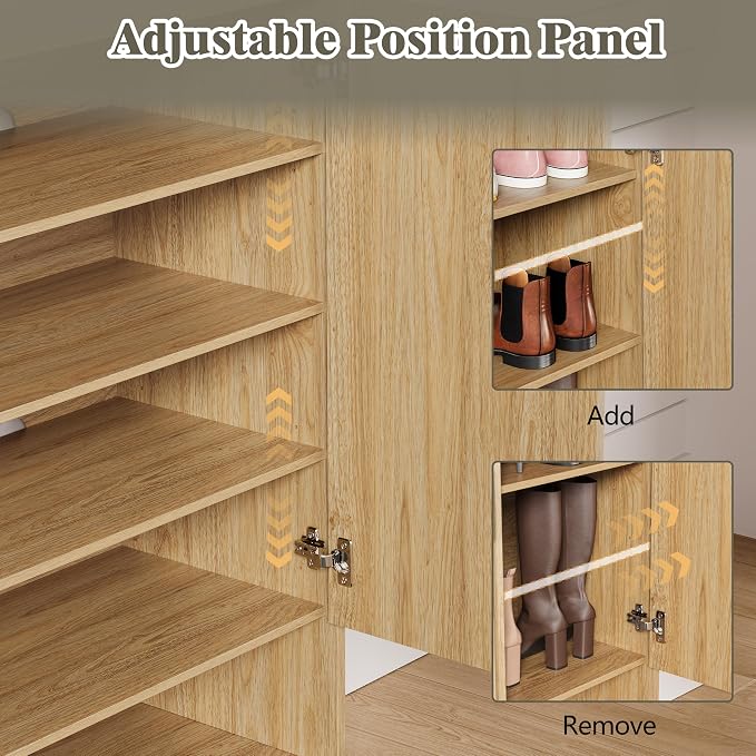 Shoe Cabinet Storage for Entryway with Doors, 5 Tier Fluted Shoe Organizer with Adjustable Shelves, Entryway Shoe Storage with Wooden Legs, Freestanding Hidden Shoe Rack for Front Door Entrance, Oak