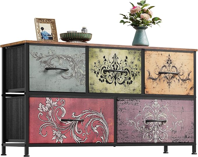 WLIVE Dresser for Bedroom with 5 Drawers, Wide Chest of Drawers, Fabric Dresser, Storage Organizer Unit with Fabric Bins for Closet, Living Room, Hallway, Pattern