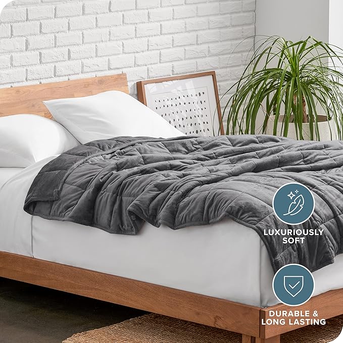 Bare Home Weighted Blanket Full or Queen Size 15lb (48" x 72") for Adults - Minky Fleece - Premium Heavy Blanket Nontoxic Glass Beads (Grey, 48"x72")