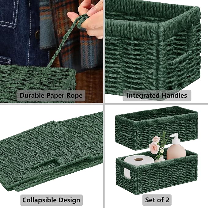Vagusicc Wicker Storage Basket, Set of 2 Hand Woven Wicker Baskets for Organizing with Handles, Decorative Small Storage Bins for Countertop Toilet Paper Basket for Toilet Tank Top, Shelves, Green