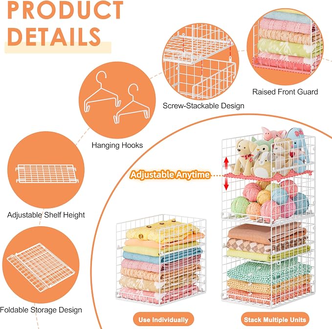 8-Tier Extended Depth Hanging Closet Organizers and Storage for Closet System, Stackable Closet Shelves with 4 Adjustable Dividers for Clothes Sweaters Purses, Wire Hanging Basket Fits Closet Laundry
