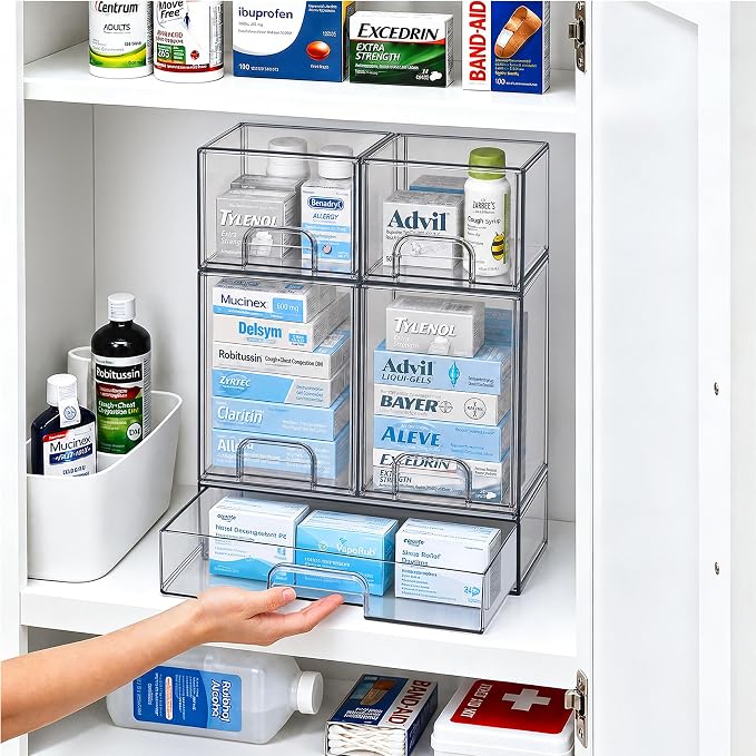 TIPGO Clear Stackable Storage Drawers, Baby Bottle Organizers, Easily-Access Makeup Organizer, Durable Containers for Bathroom Countertop, Pantry and Medicine Cabinet Organizer
