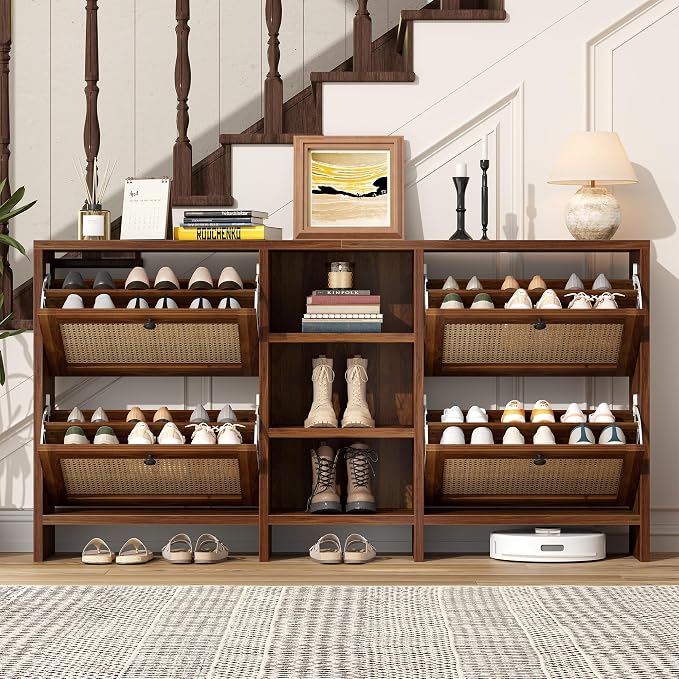 knoworld 63" Wood Rattan Shoe Storage Cabinet for Entryway, Walnut | Slim Hidden Shoe Cabinet, Narrow Shoe Organizer Cabinet with 4 Flip Drawers, 3-Tier Shelves for Hallway Foye Entrance