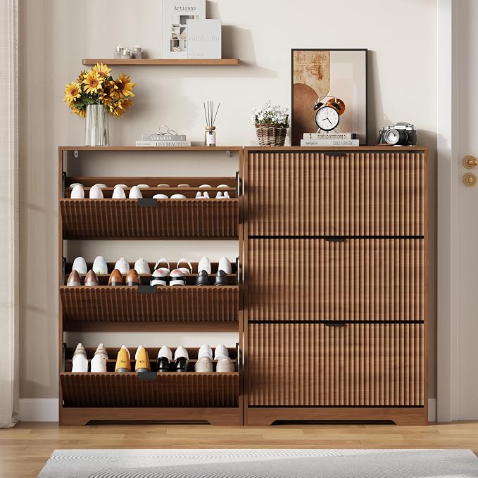 Shoe Cabinet Storage for Entryway with 3 Flip Drawers, Walnut Fluted Shoe Cabinet with Adjustable Shelves, Wooden Hidden Shoe Rack Freestanding Narrow Slim Shoes Storage for Hallway, Entrance