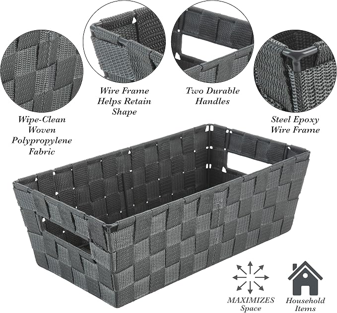Simplify Extra Long Shelf Woven Strap Tote | Decorative Storage Basket | Built in Handles | Organization | Closet | Bedroom | Bathroom | Nursery | Accessories | Toys | Gifts | 1 Pack | Grey