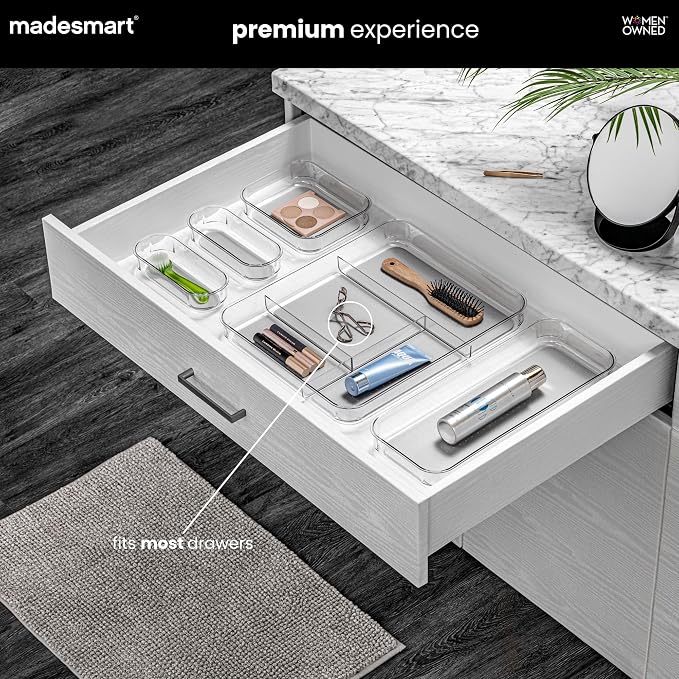 madesmart Premium 4 Compartment Drawer Organizer, Multi Purpose Storage for Utensils, Office Tools, Cords, & Small Household Items, Tech Accessories, Arts & Crafts Supplies, Non Slip Lining, Clear | rounded corners, nonslip feet, visible storage
