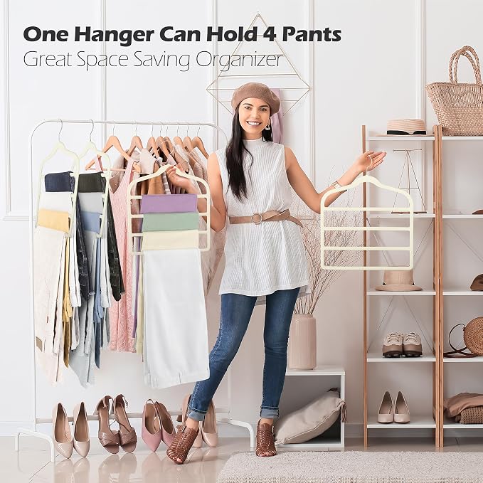 Velvet Pants Clothes Hanger Space Saving Non Slip Pants Shorts Hanger, Myfolrena Jeans Slack Trousers Hangers Multiple Velvet Hanger Closet Organizer Storage for Leggings,Jeans,Scarf,Tie (5, Beige)