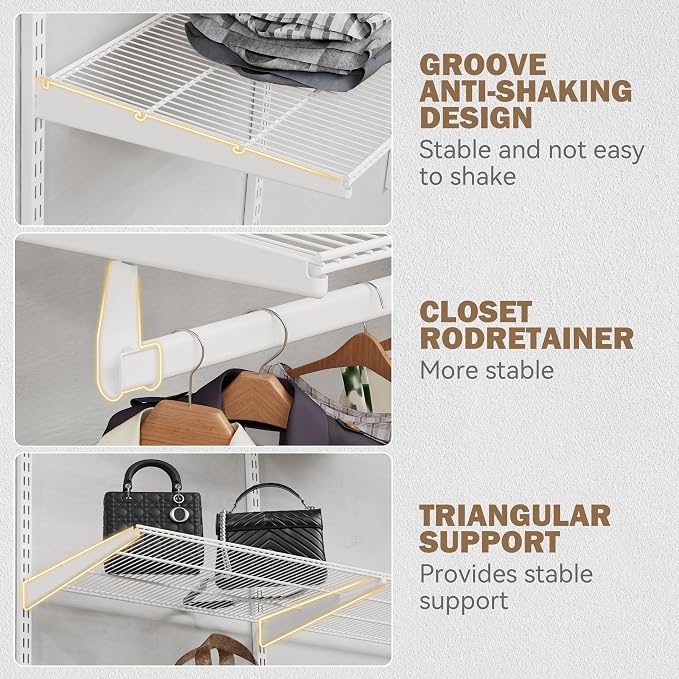 Closet System Wall Mounted 4-10.5 Ft, Heavy Duty Adjustable Wire Shelving with Hanging Rod, Custom Organizer Kit for Bedroom Laundry Mudroom, White