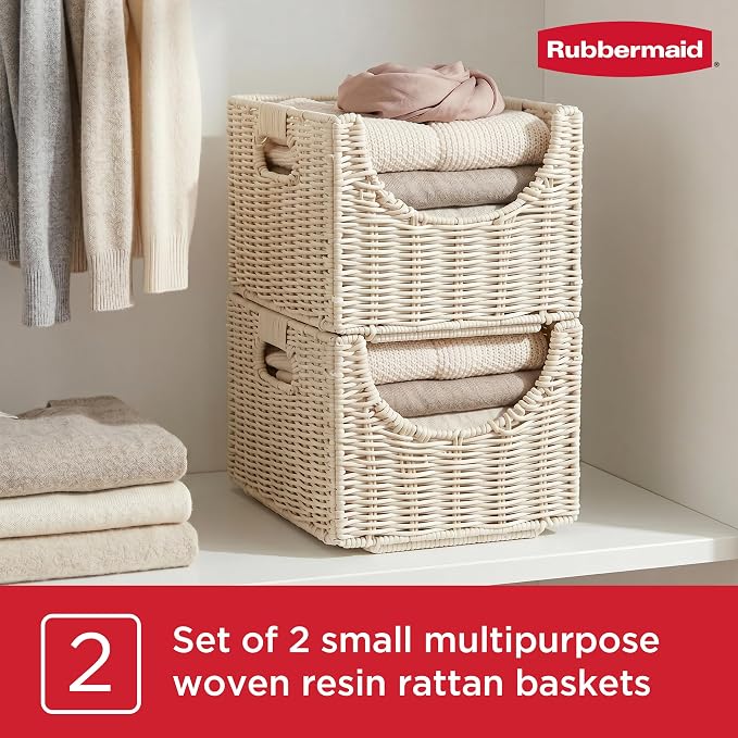 Rubbermaid Woven Storage Baskets - Set of 2 Stackable and Collapsible Bins with Handles, Small Resin Rattan Organizers for Shelves, Closet, Bathroom, Bedroom, 11.5” x 8”, Ivory