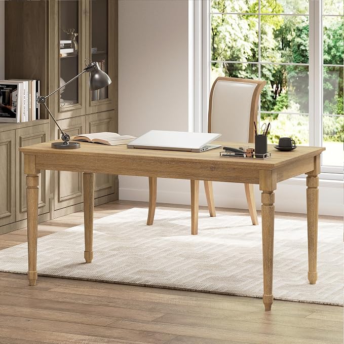 Polibi 60" Farmhouse Writing Desk with Drawer Keyboard Tray (Seadrift) | Turned Legs, Quick Assembly, Pre-Assembled Top, For Home Offices, Writing, Computer Workstations.