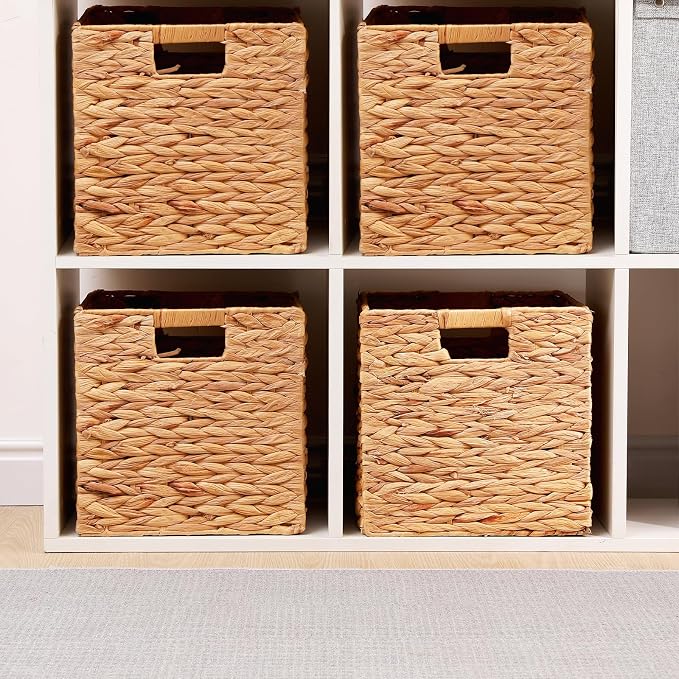 Water Hyacinth Storage Baskets 11x11x11 Inch Wicker Storage Cubes Set of 2Baskets,Handwoven Foldable Wicker Cubes with Sturdy Handles, Rustic Laundry Organizer for Bedroom Shelves, Kitchen, Bathroom