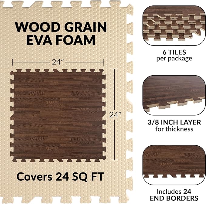 Foam Floor Tiles - 24sqft Wood Grain Interlocking Foam Tiles with Border - Soft Play Mat Playroom or Gym Flooring for Home Gym by Stalwart (Dark)
