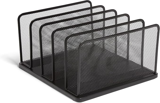 TRU RED Wire Mesh File Organizer, 5‑Compartment, Matte Black – Vertical Desktop Sorter for Files, Folders & Mail