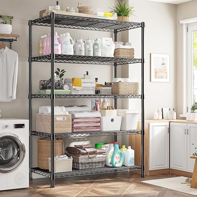 REIBII 1500LBS Adjustable Wire Shelving Unit, 5-Tier Metal Shelf with V-Shape Support,Tool-Free Assembly for Kitchen, Laundry, Industrial Use，17.7" D x 35.6" W x 71" H