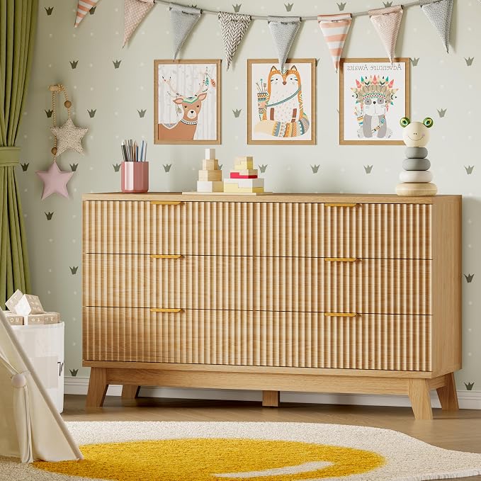 BORNOON Fluted 6 Drawer Dresser, 47.2" Wide Modern Boho Chest of Drawers, Wooden Storage Dresser TV Stand for Bedroom, Living Room, Closet, Hallway, Curved Profile Design