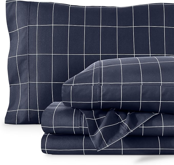 Bare Home Split King Sheet Set - Luxury 1800 Ultra- Soft Double Brushed Microfiber - Deep Pockets - Easy Fit - 5 Piece Bedding Sheet Set (Split King, Grid - Midnight/White)