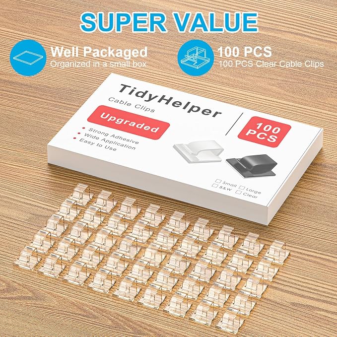 100 PCS Cable Clips, Upgraded Adhesive Wire Clips for Cords, Strong Wire Holders Cord Organizer for Cable Management, Christmas Lights, TV Coax, Extension Cord, Power Cable, HDMI (Large, Clear)