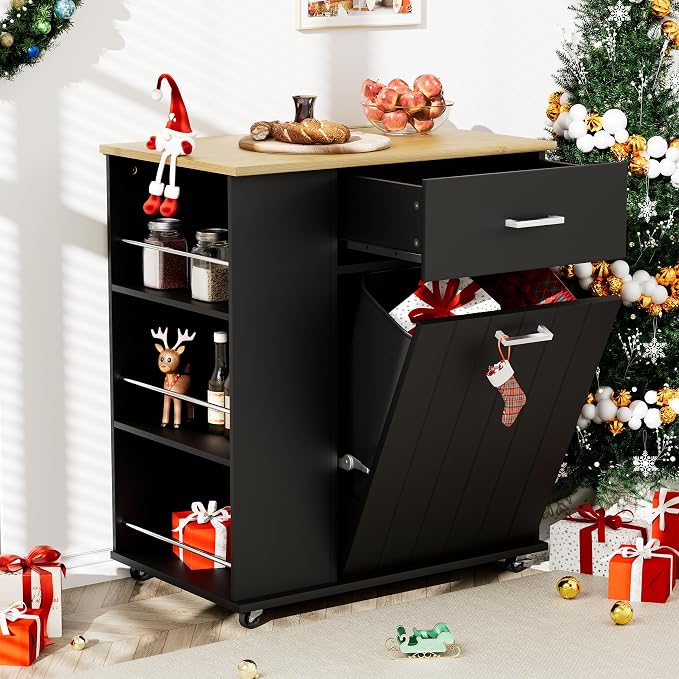 HQZX Rolling Kitchen Island with Trash Can Storage, Portable Kitchen Island on Wheels with Towel Rack & Spice Rack, Tilt Out Trash Can Cabinet with Drawer, Mobile Island Cart (Black)