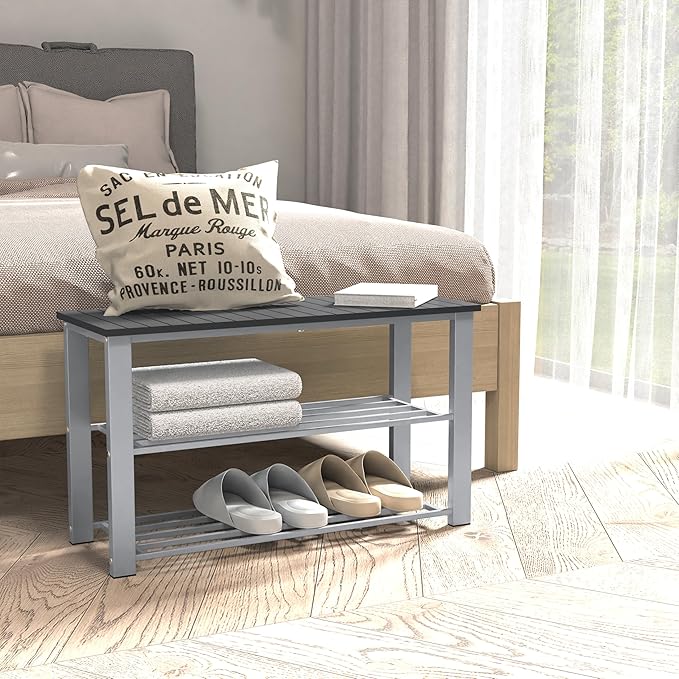 Simple Houseware Wood Top Shoe Storage Bench for Entryway, Grey