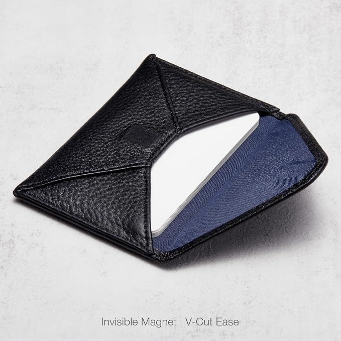 HISCOW Italian Pebbled Leather Business Card Holder, Minimalist Full Grain Envelope Card Case with Hidden Magnetic Closure, 0.19 Inch Slim Front Pocket Wallet for Men and Women, Nero Black